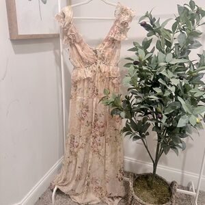 Aakaa Pastel Floral Maxi Dress with Ruffle Sleeves